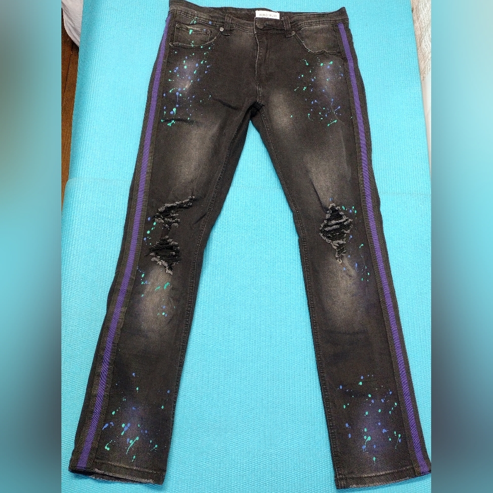 Blind Trust Mens Black Ripped Jeans Purple Stripe Paint Splatter Size 34 X32